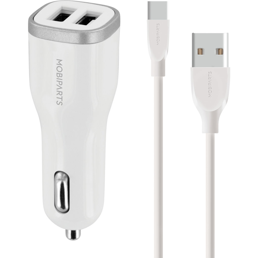 Mobiparts Car Charger Dual USB 24W/4.8A + USB-C Cable White